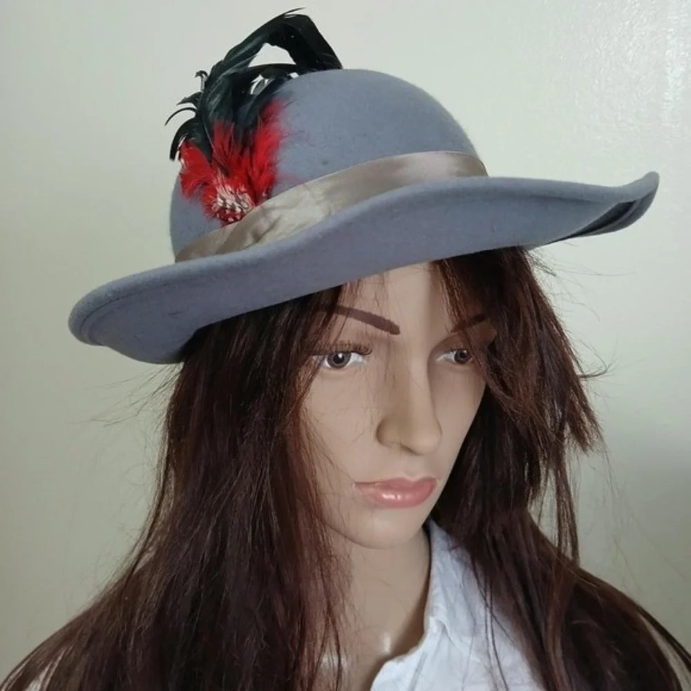 Vintage 70s/80s blue gray wool felt wide brimmed hat with silk & feather accents